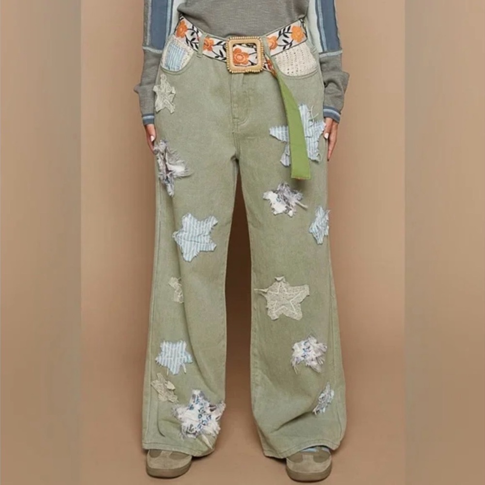 JUST IN! POL Star Patchwork Jeans Olive Green Straight Leg - Picture 5 of 10